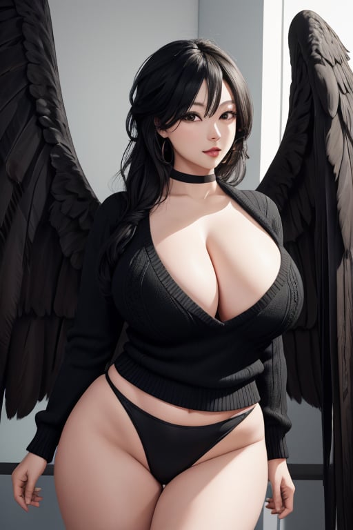 masterpiece, best quality, highres, 1girls, solo girl, wide hips, wing behind, huge breasts, black hair, black wings, sweater,