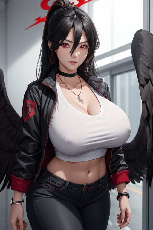 masterpiece, best quality, highres, hasumidef, hasumigym, 1girls, solo, girl, mature, cute, giant breasts, weak red eyes, wide hips, red halo, long hair, huge breasts,  black hair, huge_breasts, one pair black wings behind, jacket, jewelry, choker necklace, bracelet, black long jeans,