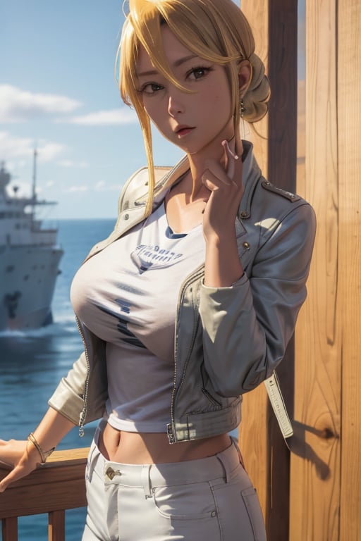 masterpiece, best quality, highres, hmmr1, mature, 1girls, solo girl, marikawashizuka,  large breasts, jewelry, navy t-shirt, white pants, leather brown jacket