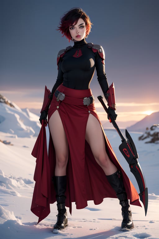 masterpiece, best quality, highres, solo, 1girl, ruby rose, normal breasts, wide hips, looking at viewer, battle suit, red long skirt, scythe