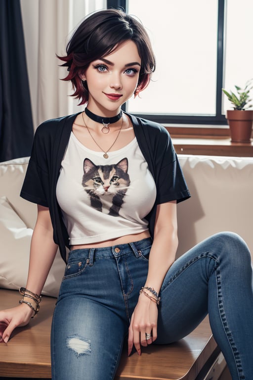 masterpiece, best quality, highres, solo, 1girl,  ruby rose, big breasts, wide hips, big eyes, cute, energetic, smile, pearcing, jewelry, choker necklace, bracelet, black jeans, white t-shirt,  dark black jeans, eating cookies, sit on sofa, feets on table, cookies