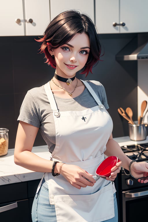 masterpiece, best quality, highres, solo, 1girl,  ruby rose, big breasts, wide hips, big eyes, cute, energetic, smile, pearcing, jewelry, choker necklace, bracelet, black jeans, white t-shirt, apron, dark black jeans, cookies in hand, kitchen, baking cookies, full apron