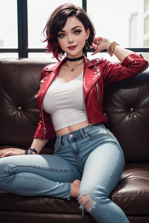 masterpiece, best quality, highres, solo, 1girl,  ruby rose, big breasts, wide hips, big eyes, cute, energetic, smile, pearcing, jewelry, choker necklace, bracelet, black jeans, white t-shirt, leather red jacket, dark black jeans, sit on sofa, caffe shop, 