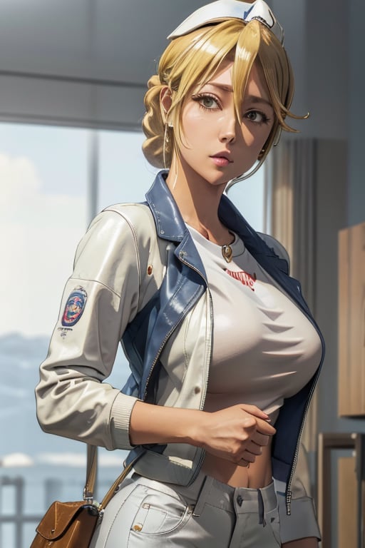 masterpiece, best quality, highres, hmmr1, mature, 1girls, solo girl, marikawashizuka,  large breasts, jewelry, navy t-shirt, white pants, leather brown jacket, nurse