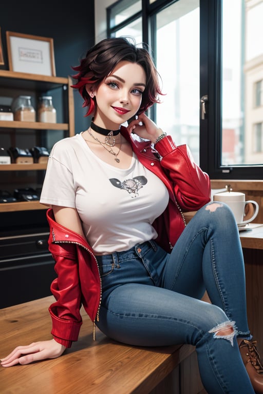 masterpiece, best quality, highres, solo, 1girl,  ruby rose, big breasts, wide hips, big eyes, cute, energetic, smile, pearcing, jewelry, choker necklace, bracelet, black jeans, white t-shirt, leather red jacket, black jeans, sit, caffe shop