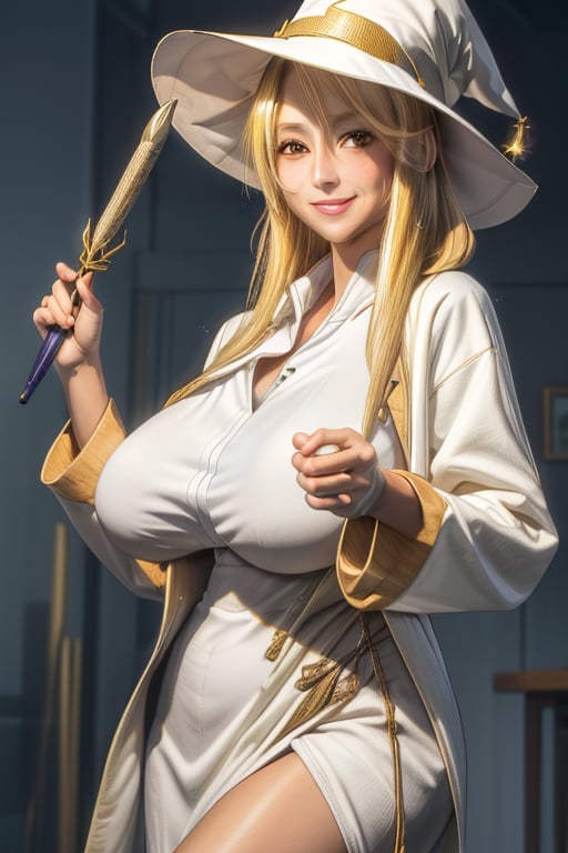 masterpiece, best quality, highres, mature, 1girls, solo girl, marikawashizuka, real Blonde hairs, Brown eyes, huge breasts, wide hips, smoot hands, smile smale, jewelery, wand,  white lether shirt, jacket, white witch hat, robes, mage