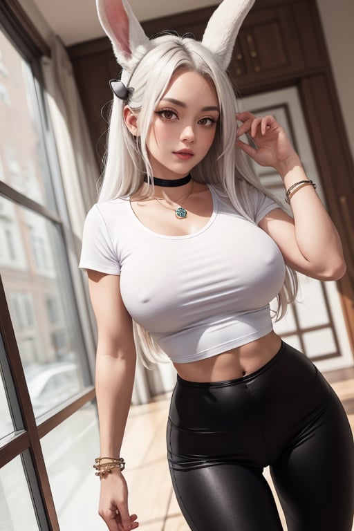 masterpiece, best quality, highres,1girl, solo, mature, milf, mirko mha, rabbit ears, long hair, wide hips, white hair, red eyes, animal ears, rabbit girl, rabbit tail, muscular female, abs, huge breasts, sexy, jewelry, choker necklace, bracelet, tight black pants, short tight white t-shirt, PUPPY POSE