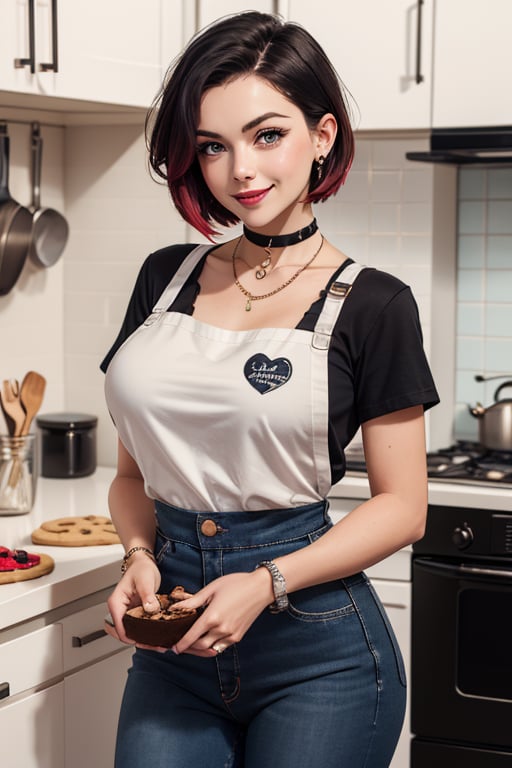 masterpiece, best quality, highres, solo, 1girl,  ruby rose, big breasts, wide hips, big eyes, cute, energetic, smile, pearcing, jewelry, choker necklace, bracelet, black jeans, white t-shirt, apron, dark black jeans, eating cookies, kitchen, baking cookies, full apron