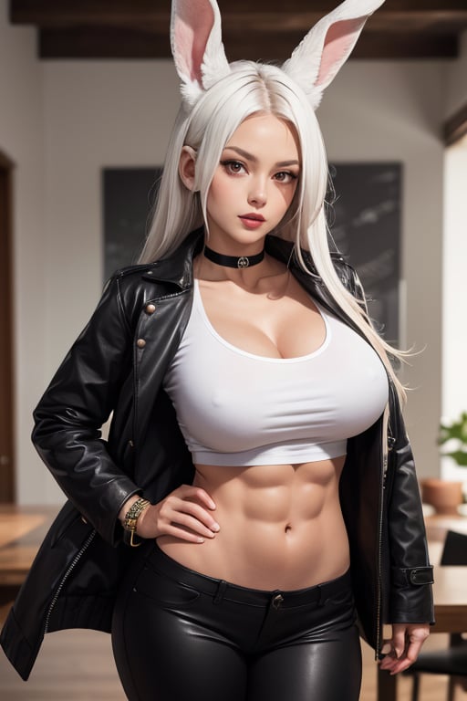 masterpiece, best quality, highres,1girl, solo, mature, milf, mirko mha, rabbit ears, long hair, wide hips, tanned skin, white hair, red eyes, animal ears, rabbit girl, muscular female, abs, huge breasts, sexy, jewelry, choker necklace, bracelet, tight black pants, short tight white t-shirt, leather coat