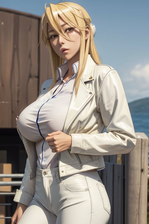 masterpiece, best quality, highres, hmmr1, mature, 1girls, solo girl, marikawashizuka, dizzy, large breasts, Oversized shirt, white pants, cream leather jacket