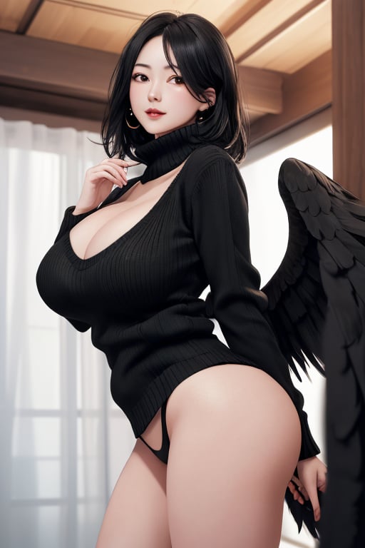 masterpiece, best quality, highres, 1girls, solo, mature, girl, wide hips, wing behind, huge breasts, black hair, black wings, sweater,