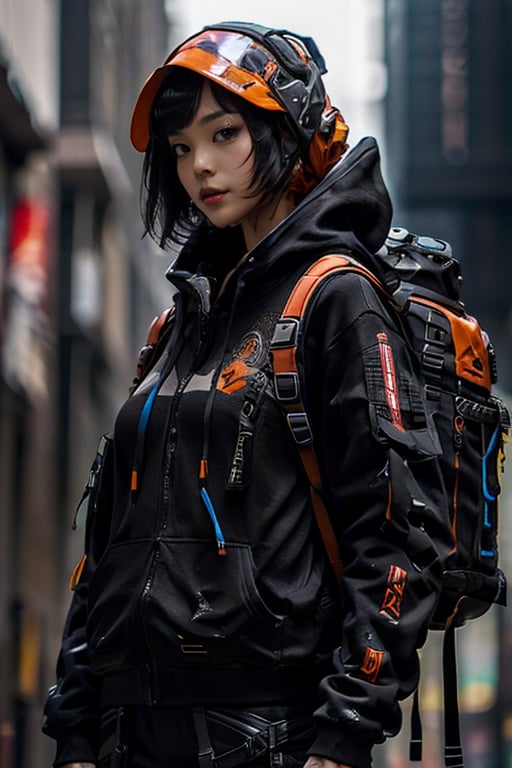 masterpiece, best quality, highres, solo, asian girl, mature, long hair, black hair, hime cut, mature woman, big breasts, detailed face, techwear hoodie, techwear pants, backpack, ,urban techwear,