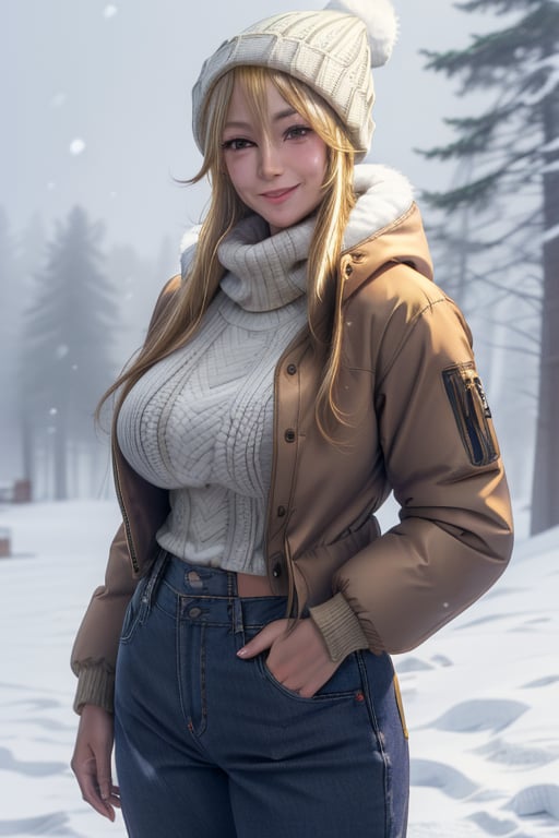 masterpiece, best quality, highres, mature, 1girls, solo girl, marikawashizuka, real Blonde hairs, Brown eyes, huge breasts, wide hips, smoot hands, smile smale, jewelery, winter jacket, winter hat, winter pants,  winter glowes, snowing, ski