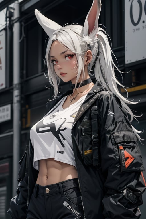 masterpiece, best quality, highres,1girl, solo, mature, milf, mirko mha, rabbit ears, long hair, white hair, wide hips, light dark skin, strong tanned skin, white hair, red eyes, animal ears, rabbit girl, muscular female, abs, huge breasts, sexy, jewelry, choker necklace, bracelet, techwear pants, techwear  t-shirt, techwear coat, urban techwear