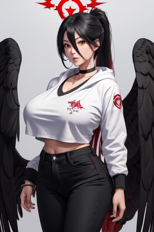 masterpiece, best quality, highres, hasumidef, hasumigym, 1girls, solo, girl, mature, cute, weak red eyes, wide hips, red halo, long hair, huge breasts, giant breasts, black hair, one pair black wings behind, large hoodiejewelry, choker necklace, bracelet, black jeans, 