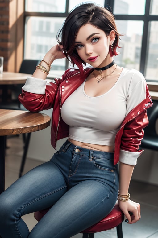 masterpiece, best quality, highres, solo, 1girl,  ruby rose, big breasts, wide hips, big eyes, cute, energetic, smile, pearcing, jewelry, choker necklace, bracelet, black jeans, white t-shirt, leather red jacket, dark black jeans, sit on chair, caffe shop, table