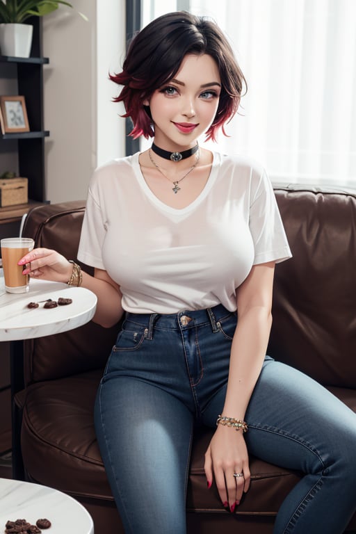 masterpiece, best quality, highres, solo, 1girl,  ruby rose, big breasts, wide hips, big eyes, cute, energetic, smile, pearcing, jewelry, choker necklace, bracelet, black jeans, white t-shirt,  dark black jeans, eating cookies, sit on sofa, feets on table