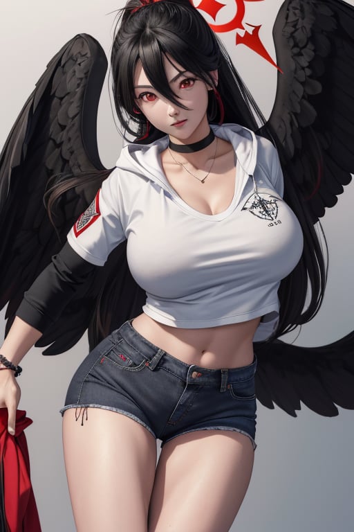 masterpiece, best quality, highres, hasumidef, hasumigym, 1girls, solo, girl, mature, cute, weak red eyes, wide hips, red halo, long hair, huge breasts, giant breasts, black hair, one pair black wings behind, large hoodiejewelry, choker necklace, bracelet, black jeans, running