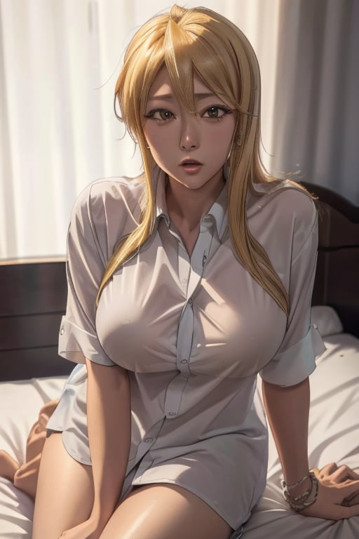 masterpiece, best quality, highres, hmmr1, mature, 1girls, solo girl, marikawashizuka, large breasts, Oversized shirt, lying on bed