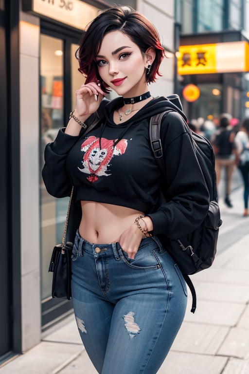 masterpiece, best quality, highres, solo, 1girl,  ruby rose, big breasts, wide hips, big eyes, cute, smile, pearcing, jewelry, choker necklace, bracelet, looking at viewer, large hoodie, black jeans, backpack, kung fu pose