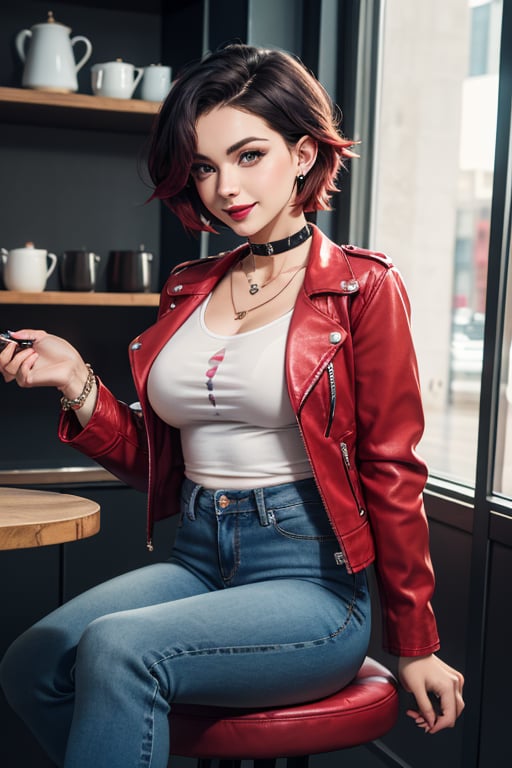 masterpiece, best quality, highres, solo, 1girl,  ruby rose, big breasts, wide hips, big eyes, cute, energetic, smile, pearcing, jewelry, choker necklace, bracelet, black jeans, white t-shirt, leather red jacket, dark black jeans, sit on chair, caffe shop