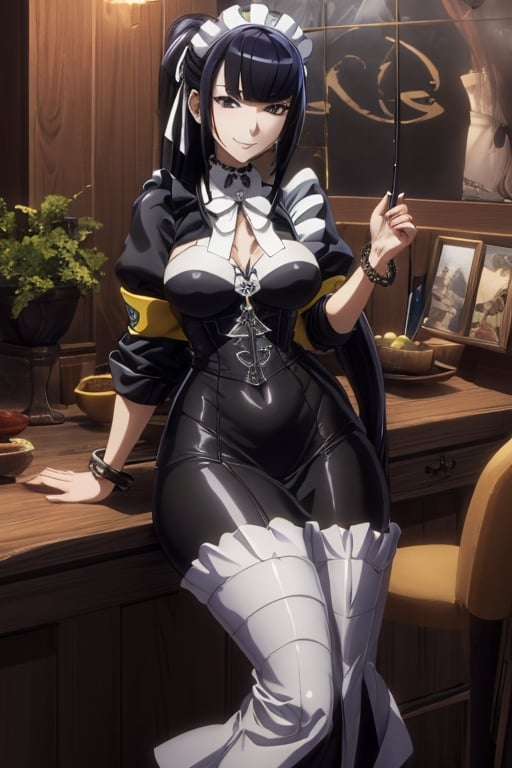 masterpiece, best quality, highres, 1girls, solo, narberal gamma, girl, mature, cute, big breasts, wide hips, long hair, black hair, sexy, jewelry, choker necklace, bracelet, jacket, seductive pose, maid, small smile