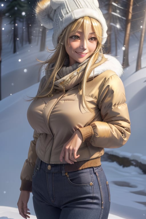 masterpiece, best quality, highres, mature, 1girls, solo girl, marikawashizuka, real Blonde hairs, Brown eyes, huge breasts, wide hips, smoot hands, smile smale, jewelery, winter jacket, winter hat, winter pants,  winter glowes, snowing,