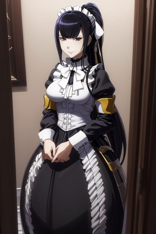 masterpiece, best quality, highres, 1girls, solo, narberal gamma, girl, mature, cute, big breasts, wide hips, long hair, black hair, sexy, jewelry, choker necklace, bracelet, jacket, seductive pose, maid, small smile