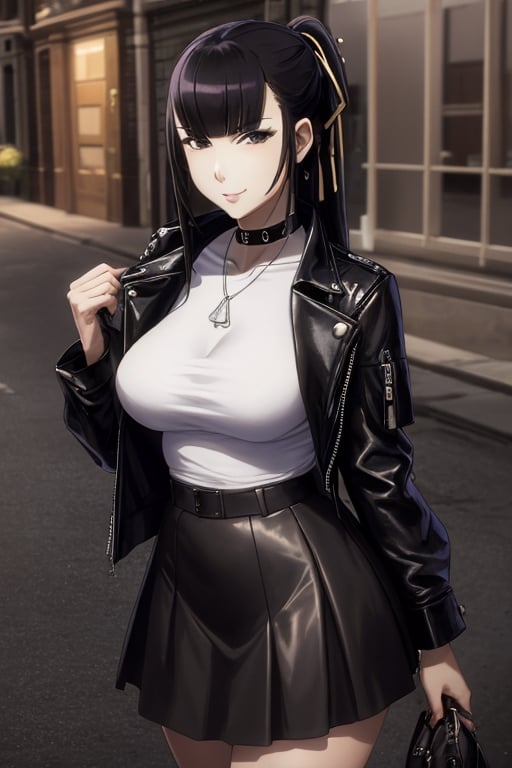 masterpiece, best quality, highres, 1girls, solo, narberal gamma, girl, mature, cute, big breasts, wide hips, long hair, black hair, sexy, jewelry, choker necklace, bracelet, leather jacket, shirt, skirt, pantyhouse, seductive pose, small smile, better hands, street