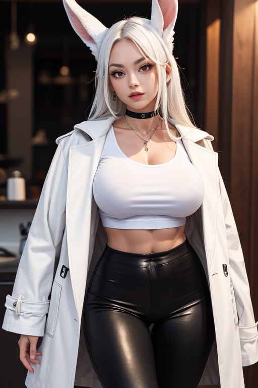 masterpiece, best quality, highres,1girl, solo, mature, milf, mirko mha, rabbit ears, long hair, wide hips, white hair, red eyes, animal ears, rabbit girl, muscular female, abs, huge breasts, sexy, jewelry, choker necklace, bracelet, tight black pants, short tight white t-shirt, leather coat