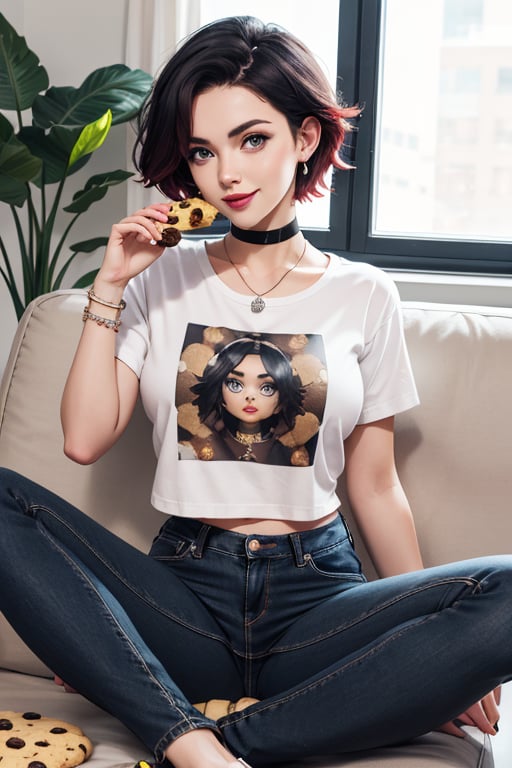 masterpiece, best quality, highres, solo, 1girl,  ruby rose, big breasts, wide hips, big eyes, cute, energetic, smile, pearcing, jewelry, choker necklace, bracelet, black jeans, white t-shirt,  dark black jeans, eating cookies, sit on sofa, feets on table, cookies