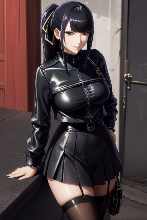 masterpiece, best quality, highres, 1girls, solo, narberal gamma, girl, mature, cute, big breasts, wide hips, long hair, black hair, sexy, jewelry, choker necklace, bracelet, leather jacket, shirt, skirt, pantyhouse, seductive pose, small smile, better hands, street