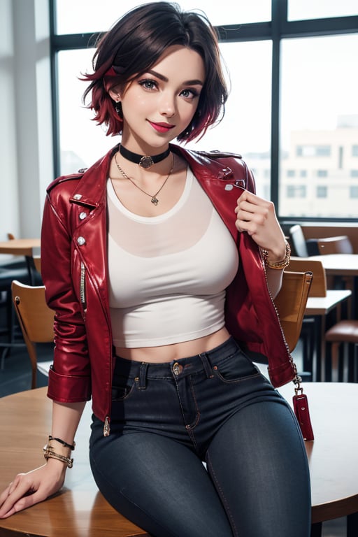 masterpiece, best quality, highres, solo, 1girl,  ruby rose, big breasts, wide hips, big eyes, cute, energetic, smile, pearcing, jewelry, choker necklace, bracelet, black jeans, white t-shirt, leather red jacket, dark black jeans, sit on chair, caffe shop, table