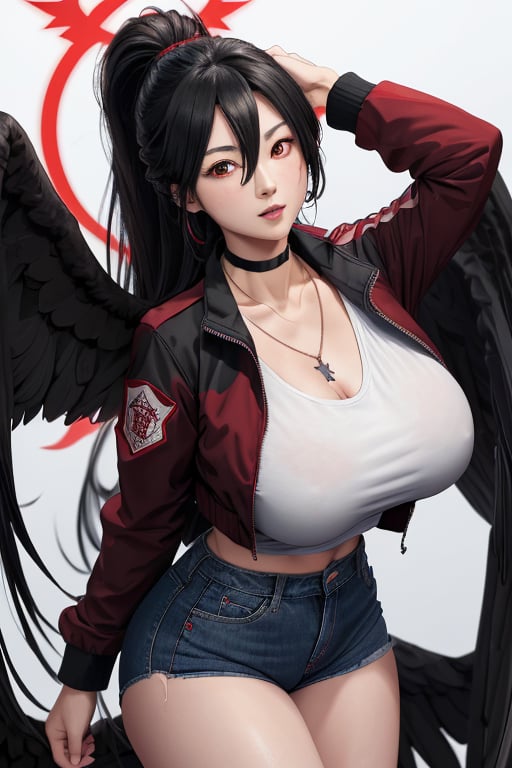 masterpiece, best quality, highres, hasumidef, hasumigym, 1girls, solo, girl, mature, cute, giant breasts, weak red eyes, wide hips, red halo, long hair, huge breasts,  black hair, huge_breasts, one pair black wings behind, jacket, jewelry, choker necklace, bracelet, black long jeans,