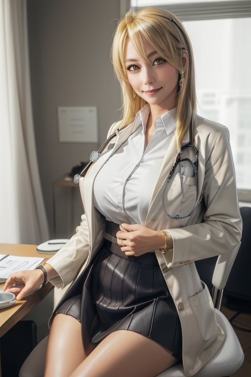 masterpiece, best quality, highres, 1girls, solo girl, marikawashizuka, real Blonde hairs, Brown eyes, huge breasts, wide hips, sexy, smoot hands, jewelery, bracelet, shirt, black skirt, white coat, stethoscope, sit, swivel chair, clinic