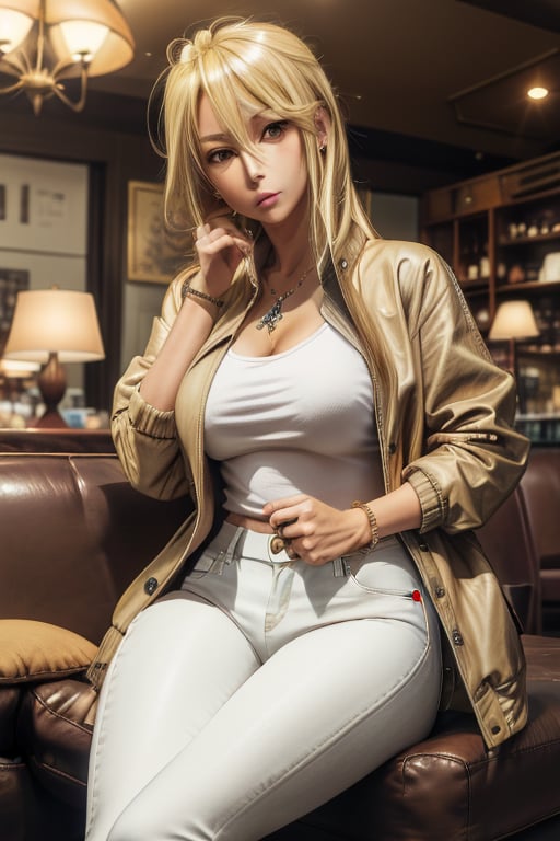 masterpiece, best quality, highres, mature, 1girls, solo girl, marikawashizuka, real Blonde hairs, Brown eyes, huge breasts, wide hips, smoot hands, jewelery, bracelet, t-shirt, jacket coat, white pants, seductive pose, caffe shop, sit, sofa, legs crosed