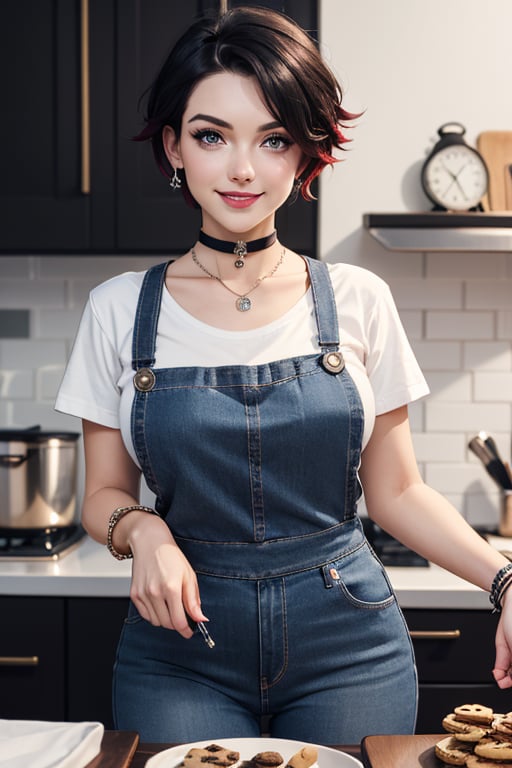 masterpiece, best quality, highres, solo, 1girl,  ruby rose, big breasts, wide hips, big eyes, cute, energetic, smile, pearcing, jewelry, choker necklace, bracelet, black jeans, white t-shirt, apron, dark black jeans, eating cookies, kitchen, baking cookies, full apron