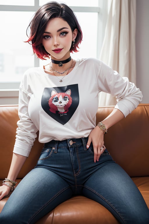 masterpiece, best quality, highres, solo, 1girl,  ruby rose, big breasts, wide hips, big eyes, cute, energetic, smile, pearcing, jewelry, choker necklace, bracelet, black jeans, white t-shirt, leather red jacket, dark black jeans, sit on sofa, caffe shop, 