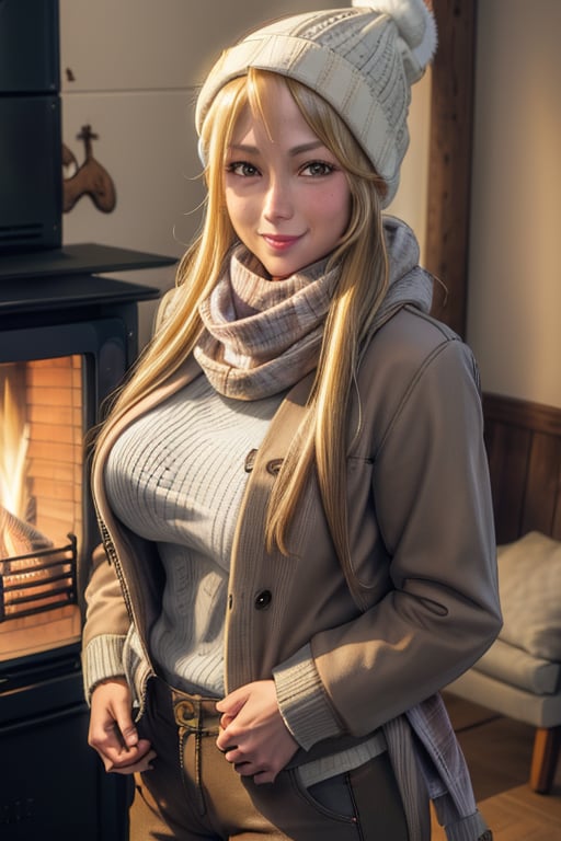 masterpiece, best quality, highres, mature, 1girls, solo girl, marikawashizuka, real Blonde hairs, Brown eyes, huge breasts, wide hips, smoot hands, smile smale, jewelery, swaeter, winter jacket, winter hat, winter brown pants, winter glowes, Scarf, fireplace, indoors