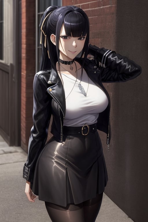 masterpiece, best quality, highres, 1girls, solo, narberal gamma, girl, mature, cute, big breasts, wide hips, long hair, black hair, sexy, jewelry, choker necklace, bracelet, leather jacket, shirt, skirt, pantyhouse, seductive pose, small smile, better hands, street