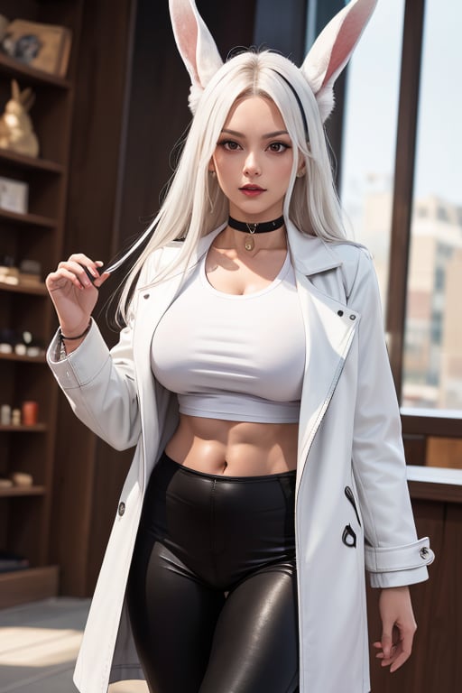 masterpiece, best quality, highres,1girl, solo, mature, milf, mirko mha, rabbit ears, long hair, wide hips, white hair, red eyes, animal ears, rabbit girl, muscular female, abs, huge breasts, sexy, jewelry, choker necklace, bracelet, tight black pants, short tight white t-shirt, leather coat