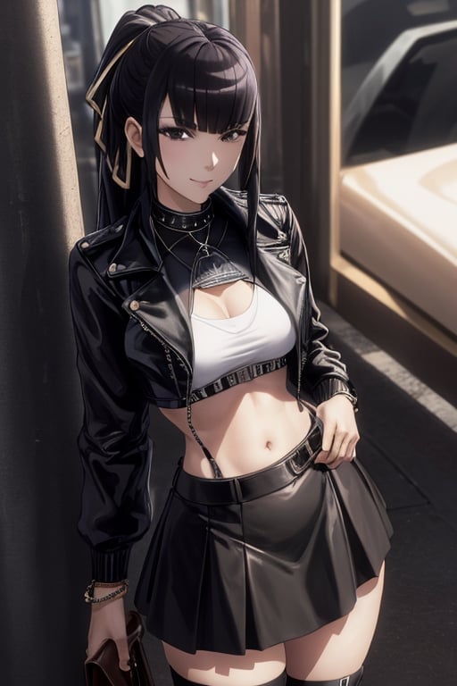 masterpiece, best quality, highres, 1girls, solo, narberal gamma, girl, mature, cute, big breasts, wide hips, long hair, black hair, sexy, jewelry, choker necklace, bracelet, leather jacket, shirt, skirt, pantyhouse, seductive pose, small smile, better hands, street