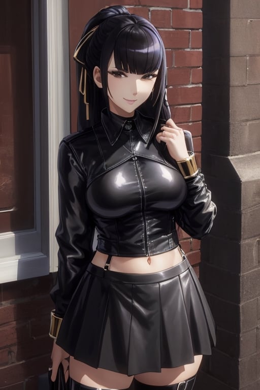 masterpiece, best quality, highres, 1girls, solo, narberal gamma, girl, mature, cute, big breasts, wide hips, long hair, black hair, sexy, jewelry, choker necklace, bracelet, leather jacket, shirt, skirt, pantyhouse, seductive pose, small smile, better hands, street