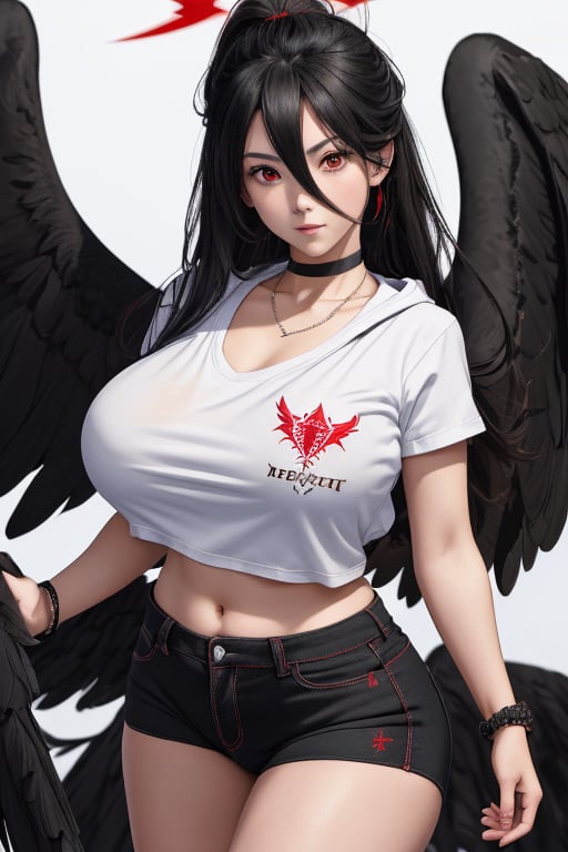 masterpiece, best quality, highres, hasumidef, hasumigym, 1girls, solo, girl, mature, cute, giant breasts, weak red eyes, wide hips, red halo, long hair, huge breasts,  black hair, one pair black wings behind, large hoodiejewelry, choker necklace, bracelet, black jeans, backpack