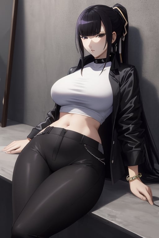 masterpiece, best quality, highres, 1girls, solo, narberal gamma, girl, mature, cute, big breasts, wide hips, long hair, black hair,  sexy, jewelry, choker necklace, bracelet, black pants, white t-shirt, black jacket, seductive pose,