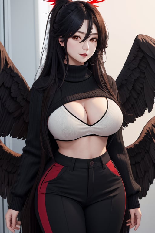 masterpiece, best quality, highres, 1girls, solo, mature, girl, wide hips, red halo, long hair, wing behind, huge breasts, black hair, black wings, sweater, pants