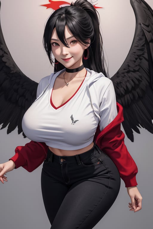 masterpiece, best quality, highres, hasumidef, hasumigym, 1girls, solo, girl, mature, cute, rose eyes, wide hips, red halo, long hair, huge breasts, giant breasts, black hair, weak smile, one pair black wings behind, large hoodiejewelry, choker necklace, bracelet, black jeans, 