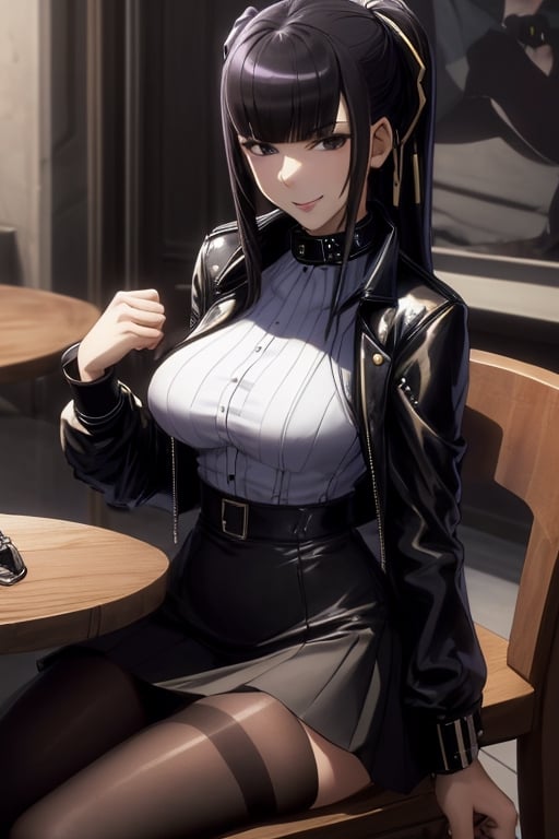 masterpiece, best quality, highres, 1girls, solo, narberal gamma, girl, mature, cute, big breasts, wide hips, long hair, black hair, sexy, jewelry, choker necklace, bracelet, leather jacket, shirt, skirt, pantyhouse, seductive pose, small smile, better hands, street caffe, sit, table chair