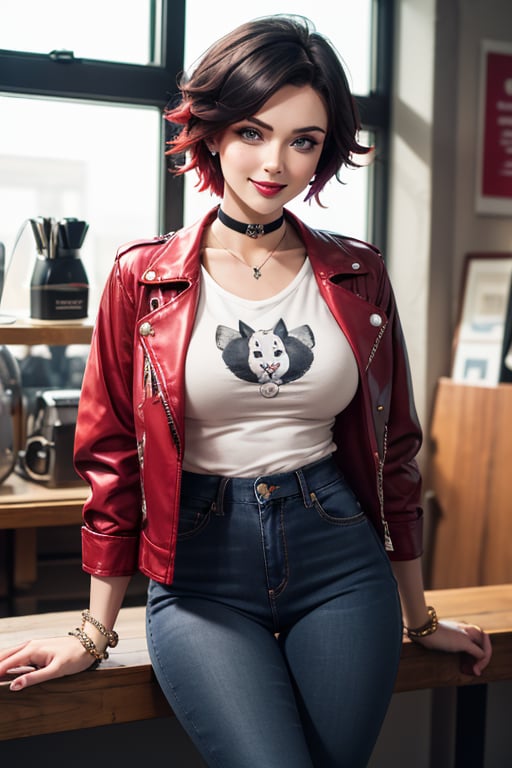 masterpiece, best quality, highres, solo, 1girl,  ruby rose, big breasts, wide hips, big eyes, cute, energetic, smile, pearcing, jewelry, choker necklace, bracelet, black jeans, white t-shirt, leather red jacket, dark black jeans, sit, caffe shop