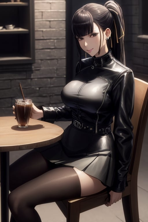 masterpiece, best quality, highres, 1girls, solo, narberal gamma, girl, mature, cute, big breasts, wide hips, long hair, black hair, sexy, jewelry, choker necklace, bracelet, leather jacket, shirt, skirt, pantyhouse, seductive pose, small smile, better hands, street caffe, sit, table chair